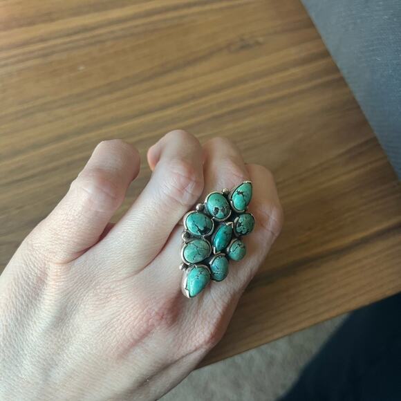 Vintage Huge Blue Multi Stone Turquoise Statement 925 Sterling silver ring BOHO - Picture 5 of 11
